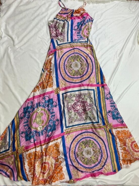 Aakaa Dresses & Skirts - The Aakaa Women's Baroque Scarf Print Halter Maxi Dress, Pink Blue, Size S